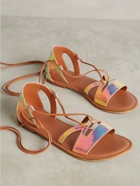 Anthro Jasper & Jeera Iridescent Lace-Up Sandals Holographic Boho Gladiator